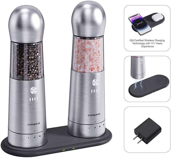 COSPRO Electric Salt and Pepper Grinder Set of 2 – Rechargeable Stainless Steel Mills with Qi-Wireless Charging Base | One-Hand Operation | Adjustable Coarseness | Easy Clean | Automatic Spice Grinder - Image 4