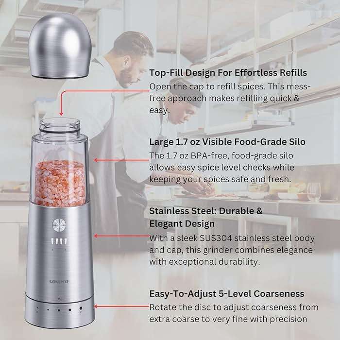 COSPRO Electric Salt and Pepper Grinder Set of 2 – Rechargeable Stainless Steel Mills with Qi-Wireless Charging Base | One-Hand Operation | Adjustable Coarseness | Easy Clean | Automatic Spice Grinder - Image 5