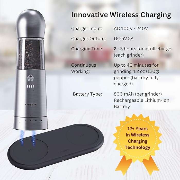 COSPRO Electric Salt and Pepper Grinder Set of 2 – Rechargeable Stainless Steel Mills with Qi-Wireless Charging Base | One-Hand Operation | Adjustable Coarseness | Easy Clean | Automatic Spice Grinder - Image 7