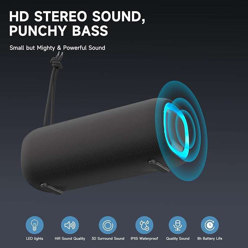 PEICHENG Bluetooth Speaker, Portable Wireless Clear Loud Stereo Sound IPX5 Waterproof with RGB Lights BT5.3 Long Playtime TWS Pairing,for Home Party Outdoor Beach,Great Gift Choice (Black) - Image 2