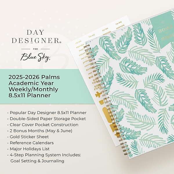 Blue Sky Day Designer 2025-2026 Weekly and Monthly Academic Year Planner Calendar, July 2025 - June 2026, 8.5" x 11", Flexible Cover, Laminated Tabs, Storage Pocket, Includes Stickers, Palms - Image 8