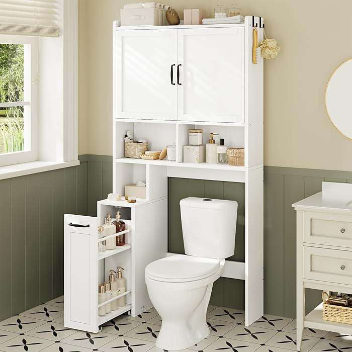UPOSOJA Over The Toilet Storage Cabinet with Pulley Small Bathroom Storage Cabinet, Space Saver W/Adjustable Shelf & Open Shelf for Bathroom, Restroom, Laundry (White) - Image 1