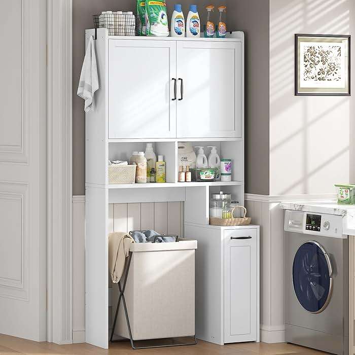 UPOSOJA Over The Toilet Storage Cabinet with Pulley Small Bathroom Storage Cabinet, Space Saver W/Adjustable Shelf & Open Shelf for Bathroom, Restroom, Laundry (White) - Image 3