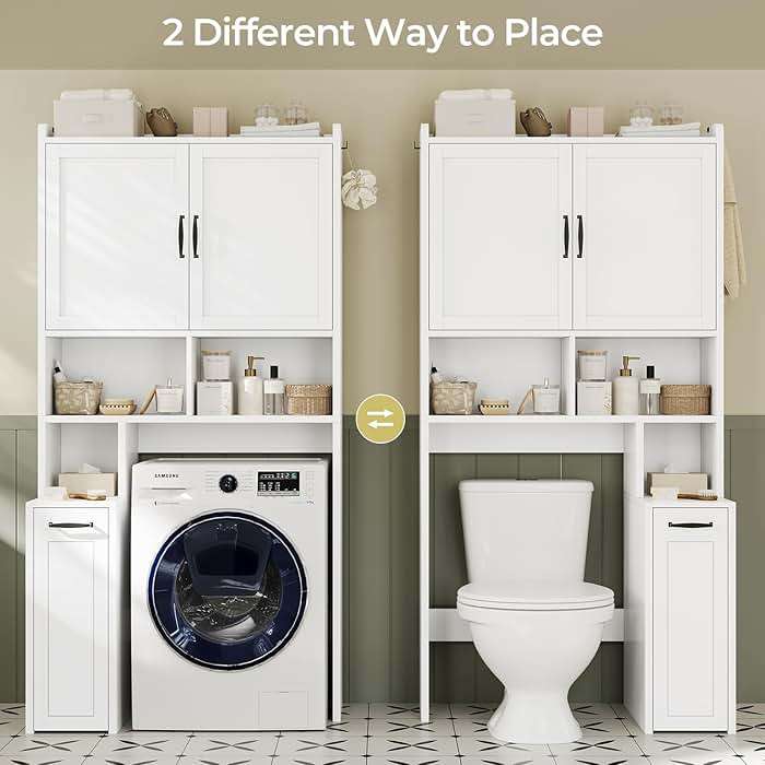 UPOSOJA Over The Toilet Storage Cabinet with Pulley Small Bathroom Storage Cabinet, Space Saver W/Adjustable Shelf & Open Shelf for Bathroom, Restroom, Laundry (White) - Image 4