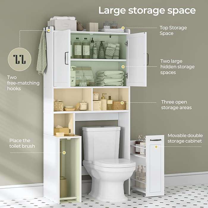 UPOSOJA Over The Toilet Storage Cabinet with Pulley Small Bathroom Storage Cabinet, Space Saver W/Adjustable Shelf & Open Shelf for Bathroom, Restroom, Laundry (White) - Image 5