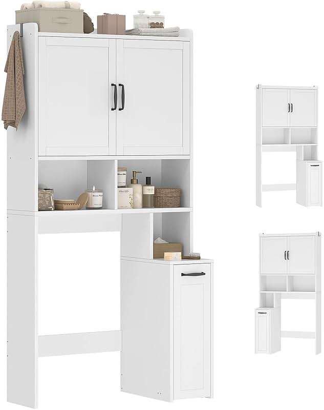 UPOSOJA Over The Toilet Storage Cabinet with Pulley Small Bathroom Storage Cabinet, Space Saver W/Adjustable Shelf & Open Shelf for Bathroom, Restroom, Laundry (White) - Image 9