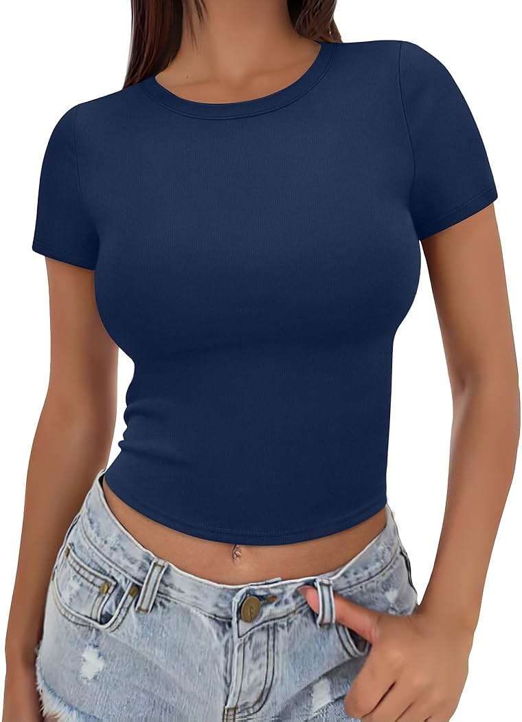 SAMPEEL Crop Tops for Women Summer Trendy Tight Tshirts 2024 Slim Fit - Image 1