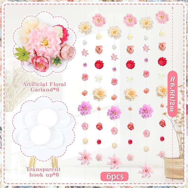 K KUMEED 6 PCS Artificial Rose Flowers Hanging Decorations,13 FT Dangling Fake Rose with Hooks Spring Party Decorations for Wedding Party Background Birthday Baby Shower Home Flower Garden Themed - Image 2