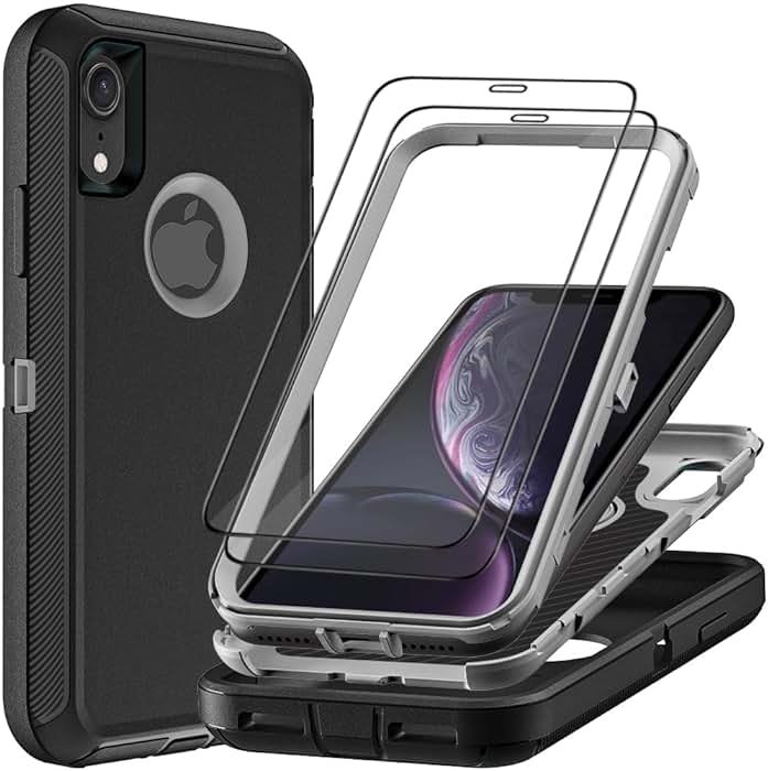 TFDSEUGH for iPhone XR Case with 2Pcs Tempered Glass Screen Protector, Military Grade 3 in 1 Heavy Duty Shockproof/Drop Proof/Dust Proof Case (Black/Grey) - Product Image