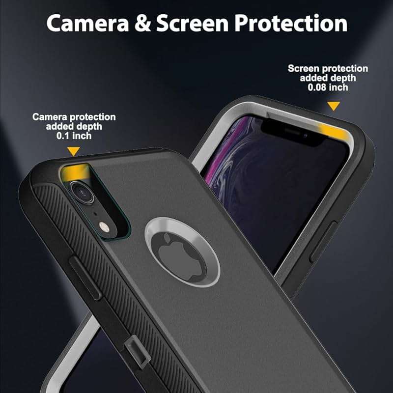 TFDSEUGH for iPhone XR Case with 2Pcs Tempered Glass Screen Protector, Military Grade 3 in 1 Heavy Duty Shockproof/Drop Proof/Dust Proof Case (Black/Grey) - Image 3