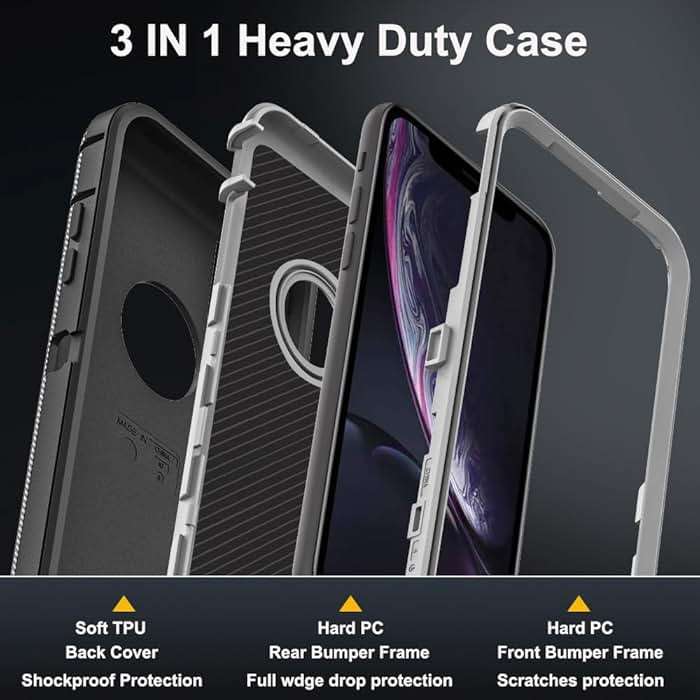 TFDSEUGH for iPhone XR Case with 2Pcs Tempered Glass Screen Protector, Military Grade 3 in 1 Heavy Duty Shockproof/Drop Proof/Dust Proof Case (Black/Grey) - Image 4