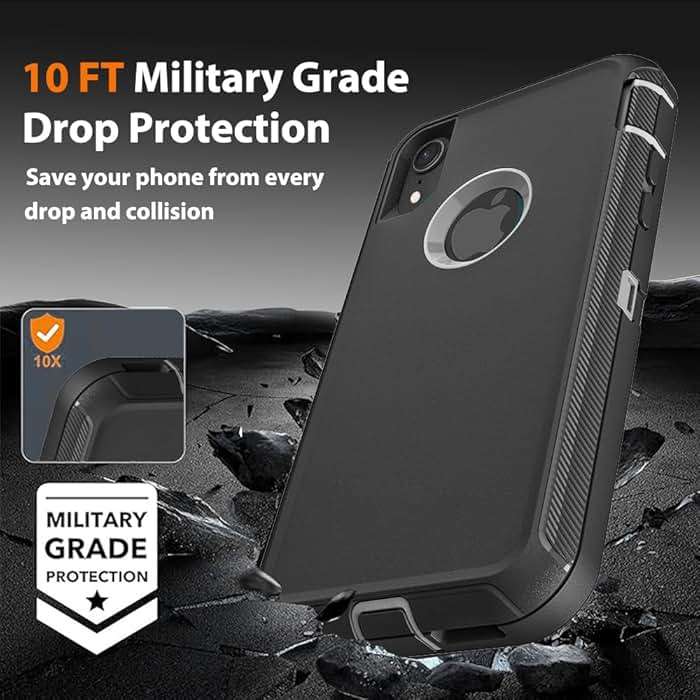 TFDSEUGH for iPhone XR Case with 2Pcs Tempered Glass Screen Protector, Military Grade 3 in 1 Heavy Duty Shockproof/Drop Proof/Dust Proof Case (Black/Grey) - Image 6
