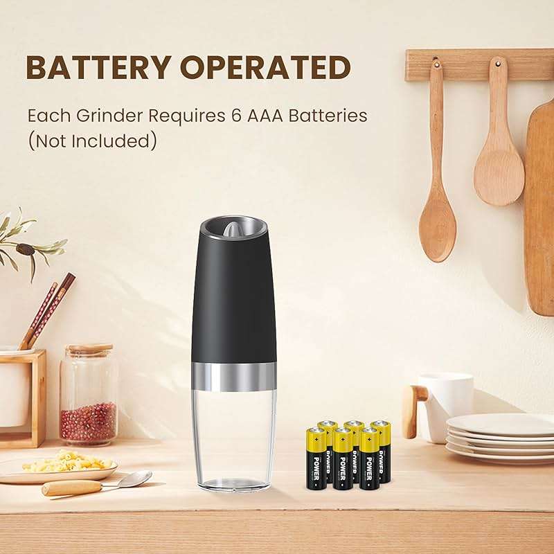 KIARYUOLL Gravity Electric Salt And Pepper Grinder Set, Automatic Salt And Pepper Grinder Set, Battery Powered (6 AAA Batteries Each), Adjustable Roughness, LED Light, 2 Pack, (Black) - Image 3