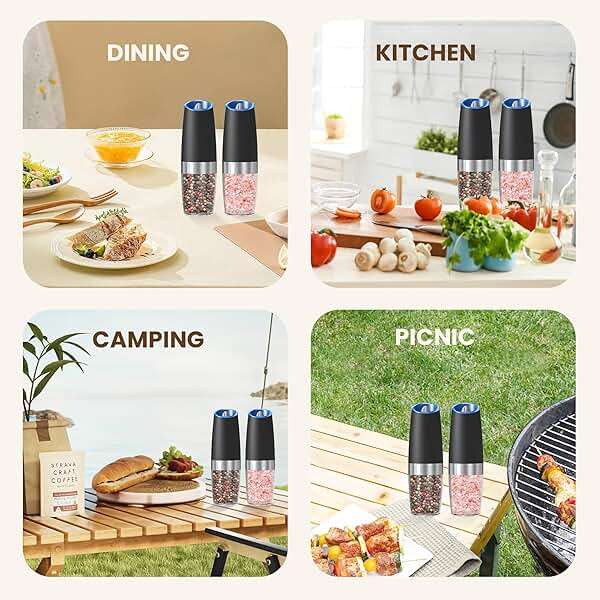 KIARYUOLL Gravity Electric Salt And Pepper Grinder Set, Automatic Salt And Pepper Grinder Set, Battery Powered (6 AAA Batteries Each), Adjustable Roughness, LED Light, 2 Pack, (Black) - Image 7