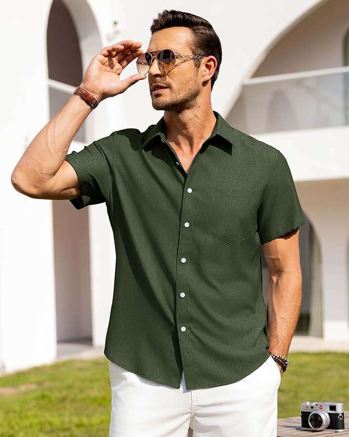 Alimens & Gentle Mens Linen Shirts Short Sleeve Button Down Shirts Wrinkle Free Casual Vacation Beach Summer Tops - Image 3