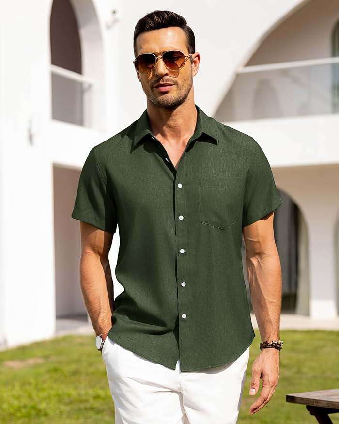 Alimens & Gentle Mens Linen Shirts Short Sleeve Button Down Shirts Wrinkle Free Casual Vacation Beach Summer Tops - Image 4