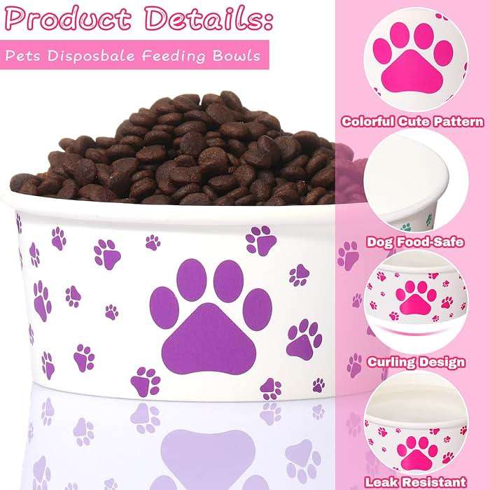 Mifoci 40 Pieces Disposable Pets Bowls 12 oz Colorful Paper Dog Bowls Cute Foot Print Design Food Dishes for Feeding Dogs and Cats Puppies Travel Wet Dry Food Water - Image 2