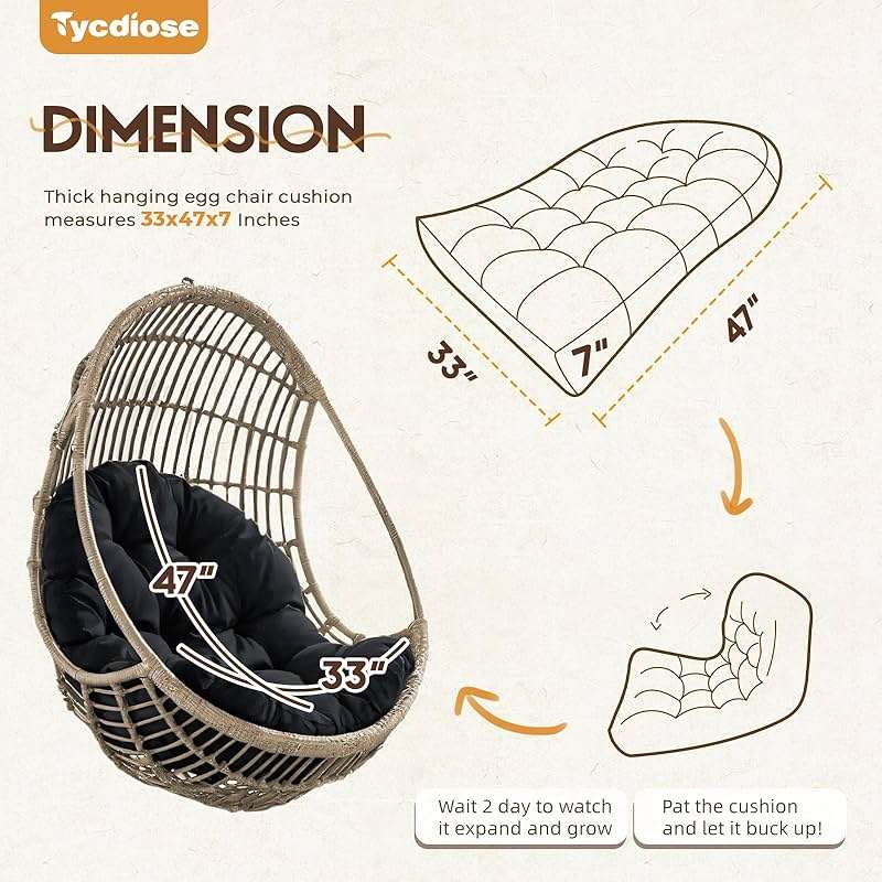 Tycdiose Egg Chair Cushion Replacement, Waterproof Outdoor Hanging Egg Chair Cushion Hammock Swing Chairs Cushions Pads, U-Shaped Thickened Cushions for Hanging Eggs Chairs, 47x33x7 Inches (Black) - Image 3