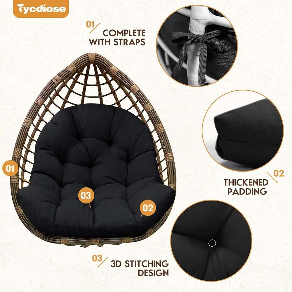 Tycdiose Egg Chair Cushion Replacement, Waterproof Outdoor Hanging Egg Chair Cushion Hammock Swing Chairs Cushions Pads, U-Shaped Thickened Cushions for Hanging Eggs Chairs, 47x33x7 Inches (Black) - Image 5