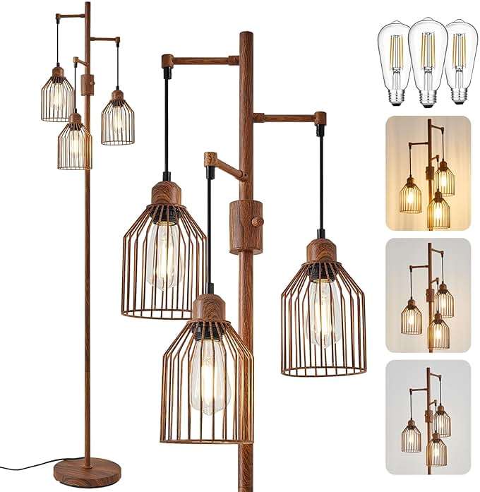 Dimmable Industrial Floor Lamp with 3 Cage Heads, Wood Grain Tree Standing Lamp with Stepless Dimming, Modern Farmhouse Tall Pole Light for Living Room, Bedroom, Office, E26 Base (Bulbs Included) - Image 1
