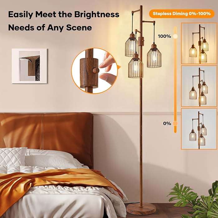 Dimmable Industrial Floor Lamp with 3 Cage Heads, Wood Grain Tree Standing Lamp with Stepless Dimming, Modern Farmhouse Tall Pole Light for Living Room, Bedroom, Office, E26 Base (Bulbs Included) - Image 2
