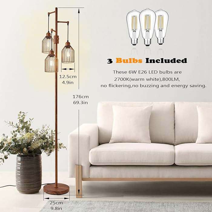 Dimmable Industrial Floor Lamp with 3 Cage Heads, Wood Grain Tree Standing Lamp with Stepless Dimming, Modern Farmhouse Tall Pole Light for Living Room, Bedroom, Office, E26 Base (Bulbs Included) - Image 3