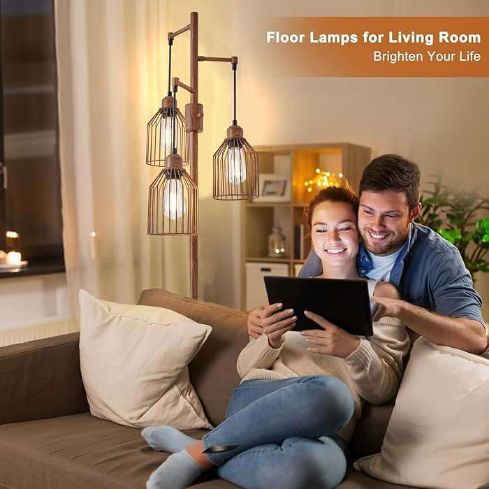 Dimmable Industrial Floor Lamp with 3 Cage Heads, Wood Grain Tree Standing Lamp with Stepless Dimming, Modern Farmhouse Tall Pole Light for Living Room, Bedroom, Office, E26 Base (Bulbs Included) - Image 4