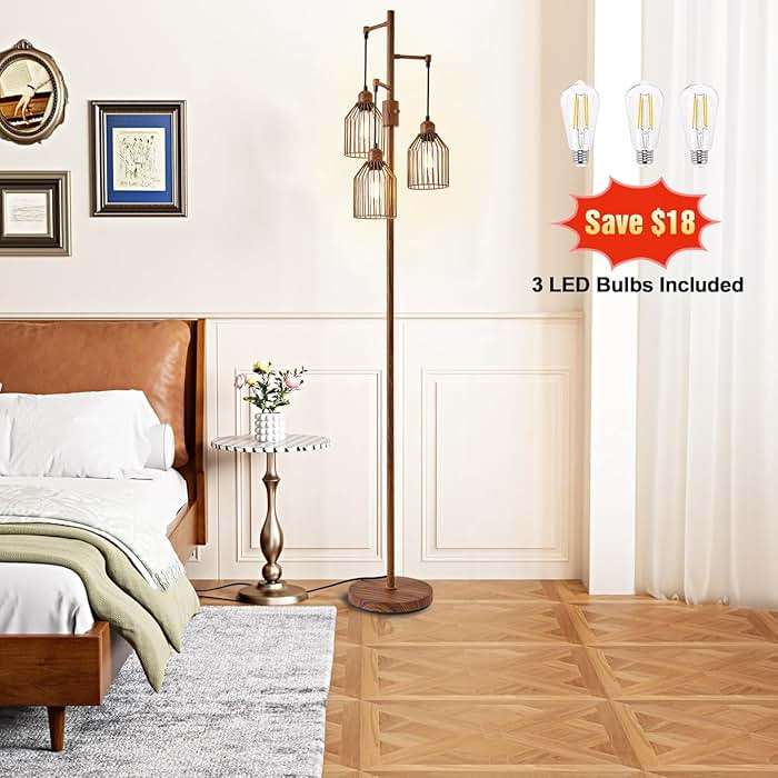 Dimmable Industrial Floor Lamp with 3 Cage Heads, Wood Grain Tree Standing Lamp with Stepless Dimming, Modern Farmhouse Tall Pole Light for Living Room, Bedroom, Office, E26 Base (Bulbs Included) - Image 5