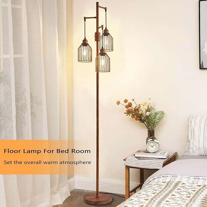 Dimmable Industrial Floor Lamp with 3 Cage Heads, Wood Grain Tree Standing Lamp with Stepless Dimming, Modern Farmhouse Tall Pole Light for Living Room, Bedroom, Office, E26 Base (Bulbs Included) - Image 6