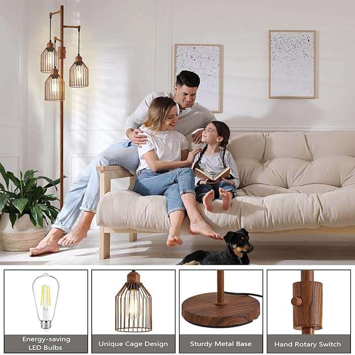 Dimmable Industrial Floor Lamp with 3 Cage Heads, Wood Grain Tree Standing Lamp with Stepless Dimming, Modern Farmhouse Tall Pole Light for Living Room, Bedroom, Office, E26 Base (Bulbs Included) - Image 7