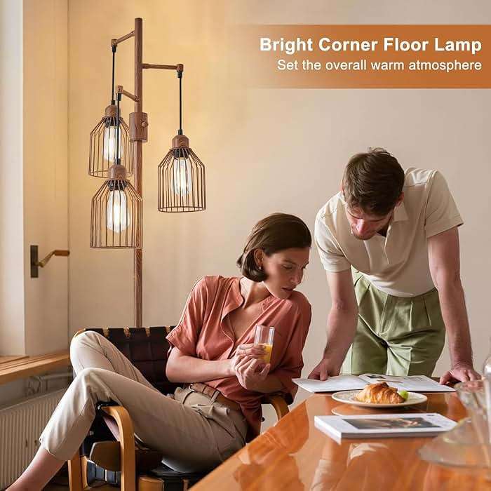 Dimmable Industrial Floor Lamp with 3 Cage Heads, Wood Grain Tree Standing Lamp with Stepless Dimming, Modern Farmhouse Tall Pole Light for Living Room, Bedroom, Office, E26 Base (Bulbs Included) - Image 8