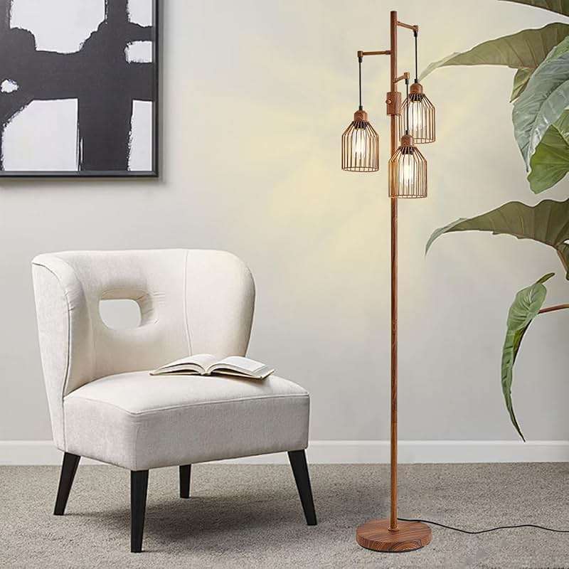Dimmable Industrial Floor Lamp with 3 Cage Heads, Wood Grain Tree Standing Lamp with Stepless Dimming, Modern Farmhouse Tall Pole Light for Living Room, Bedroom, Office, E26 Base (Bulbs Included) - Image 9