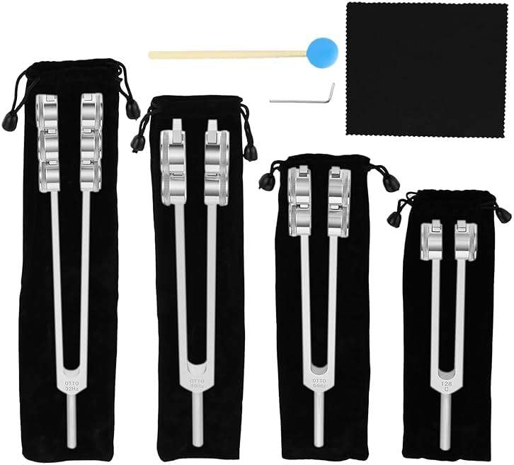 32 Hz 48 Hz 64 Hz and 128 Hz Otto Tuner Weighted Tuning Forks of 4 for Healing, Sound Therapy, stress alleviation, relaxation, with Handbag, Hammer and Wrench - Image 1