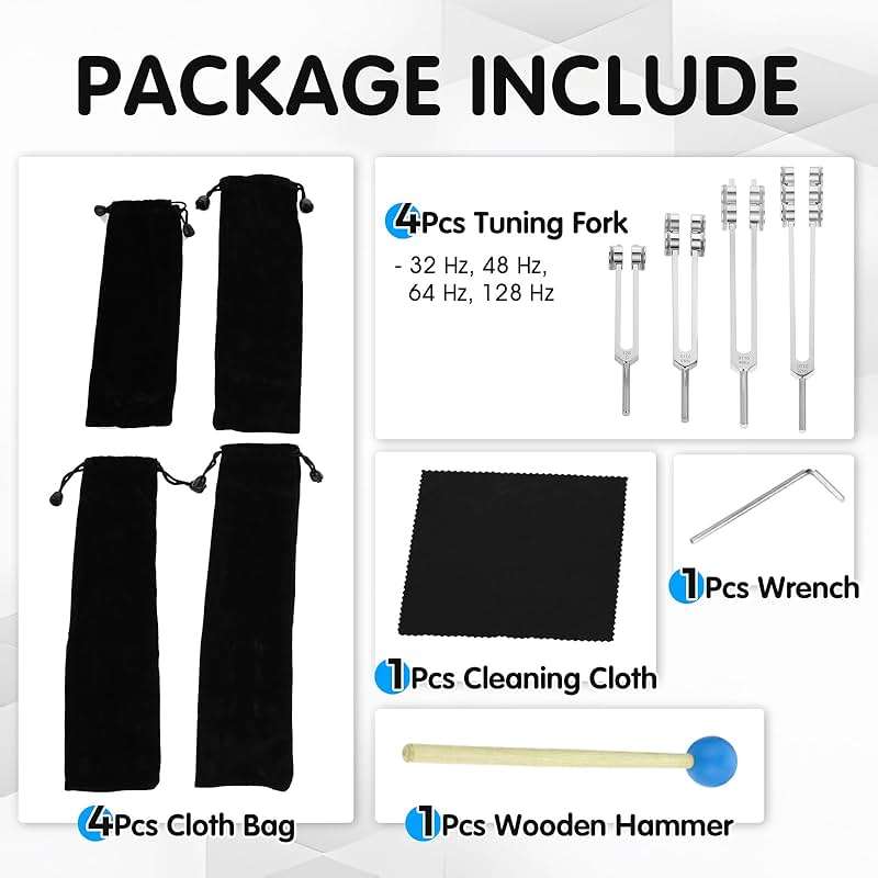 32 Hz 48 Hz 64 Hz and 128 Hz Otto Tuner Weighted Tuning Forks of 4 for Healing, Sound Therapy, stress alleviation, relaxation, with Handbag, Hammer and Wrench - Image 3