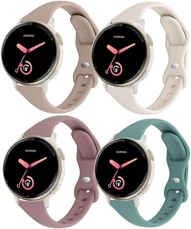 CUNUJIX Slim Silicone Watch Bands Compatible with Garmin Vivoactive 6/ Vivoactive 5/Vivoactive 3/Venu Sq/Venu 2 Plus/Forerunner 165/55/245 Music, 20mm Thin Soft Narrow Sport Strap for Women (4 Pack) - Image 1