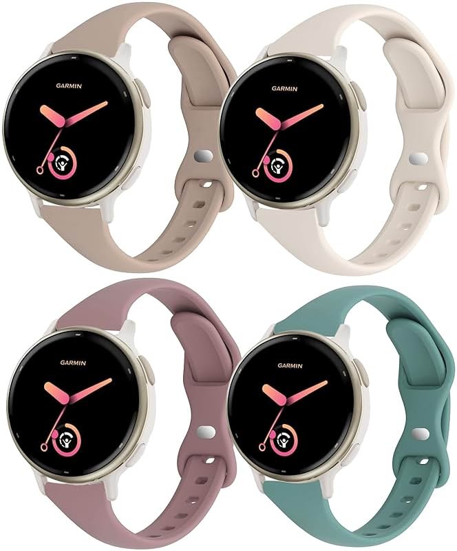 CUNUJIX Slim Silicone Watch Bands Compatible with Garmin Vivoactive 6/ Vivoactive 5/Vivoactive 3/Venu Sq/Venu 2 Plus/Forerunner 165/55/245 Music, 20mm Thin Soft Narrow Sport Strap for Women (4 Pack) - Product Image