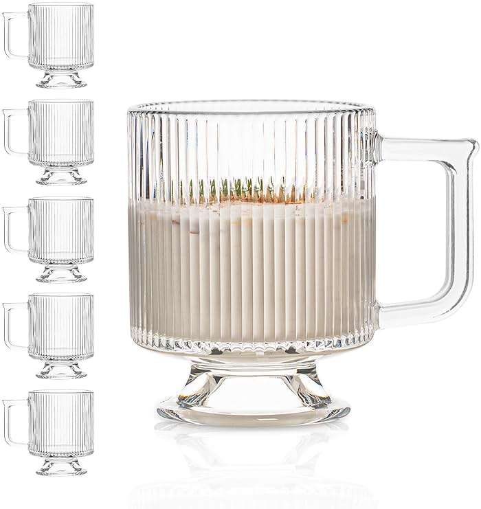 INSETLAN 6-Piece Ribbed Glass Coffee Mug Set, 10 oz Clear Glass Tea Cups with Handle, Modern Vertical Stripe Design for Everyday Drinks – Perfect for Coffee, Tea, Latte, Cappuccino, and More - Image 1