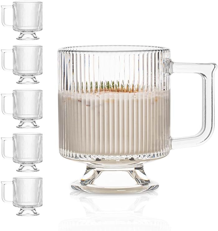 INSETLAN 6-Piece Ribbed Glass Coffee Mug Set, 10 oz Clear Glass Tea Cups with Handle, Modern Vertical Stripe Design for Everyday Drinks – Perfect for Coffee, Tea, Latte, Cappuccino, and More - Product Image