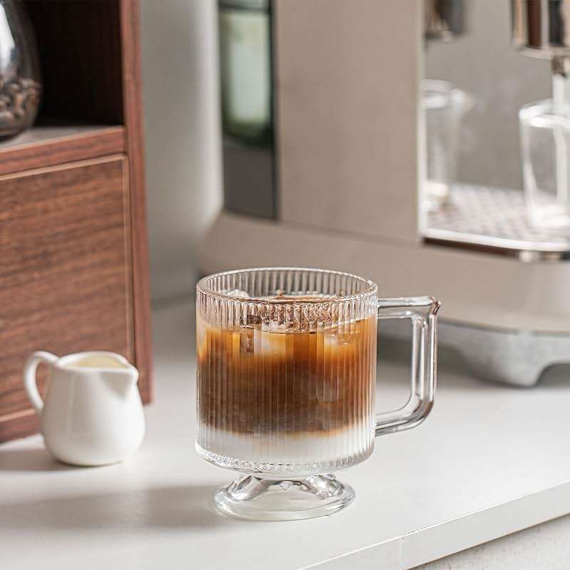 INSETLAN 6-Piece Ribbed Glass Coffee Mug Set, 10 oz Clear Glass Tea Cups with Handle, Modern Vertical Stripe Design for Everyday Drinks – Perfect for Coffee, Tea, Latte, Cappuccino, and More - Image 2