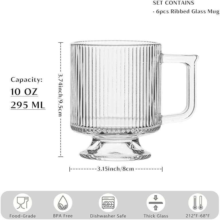 INSETLAN 6-Piece Ribbed Glass Coffee Mug Set, 10 oz Clear Glass Tea Cups with Handle, Modern Vertical Stripe Design for Everyday Drinks – Perfect for Coffee, Tea, Latte, Cappuccino, and More - Image 3