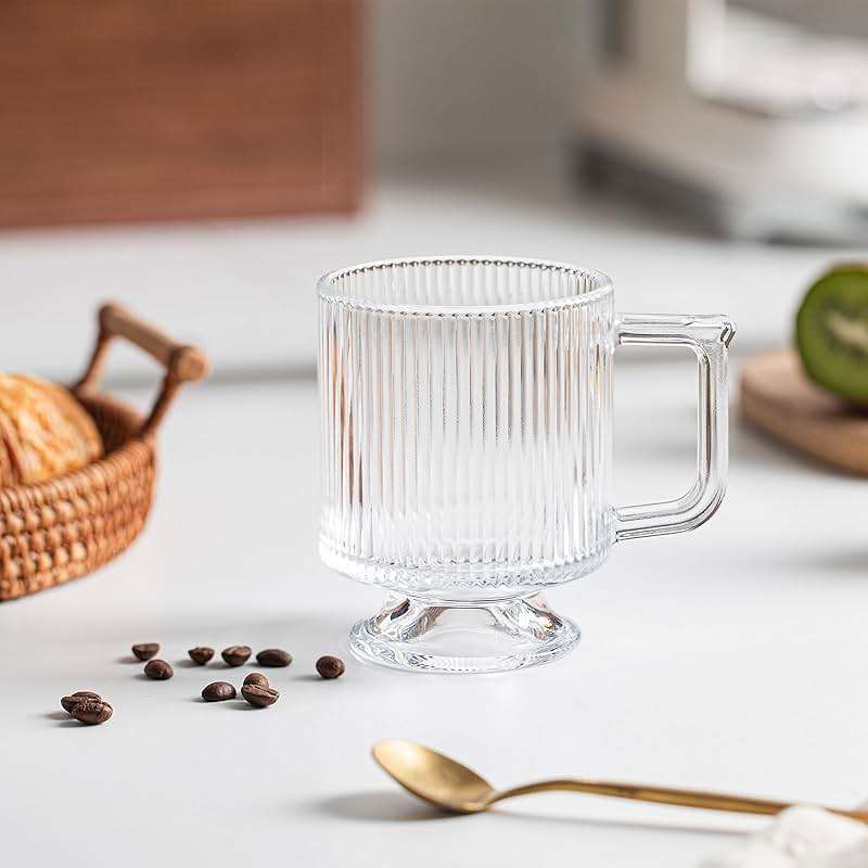 INSETLAN 6-Piece Ribbed Glass Coffee Mug Set, 10 oz Clear Glass Tea Cups with Handle, Modern Vertical Stripe Design for Everyday Drinks – Perfect for Coffee, Tea, Latte, Cappuccino, and More - Image 6