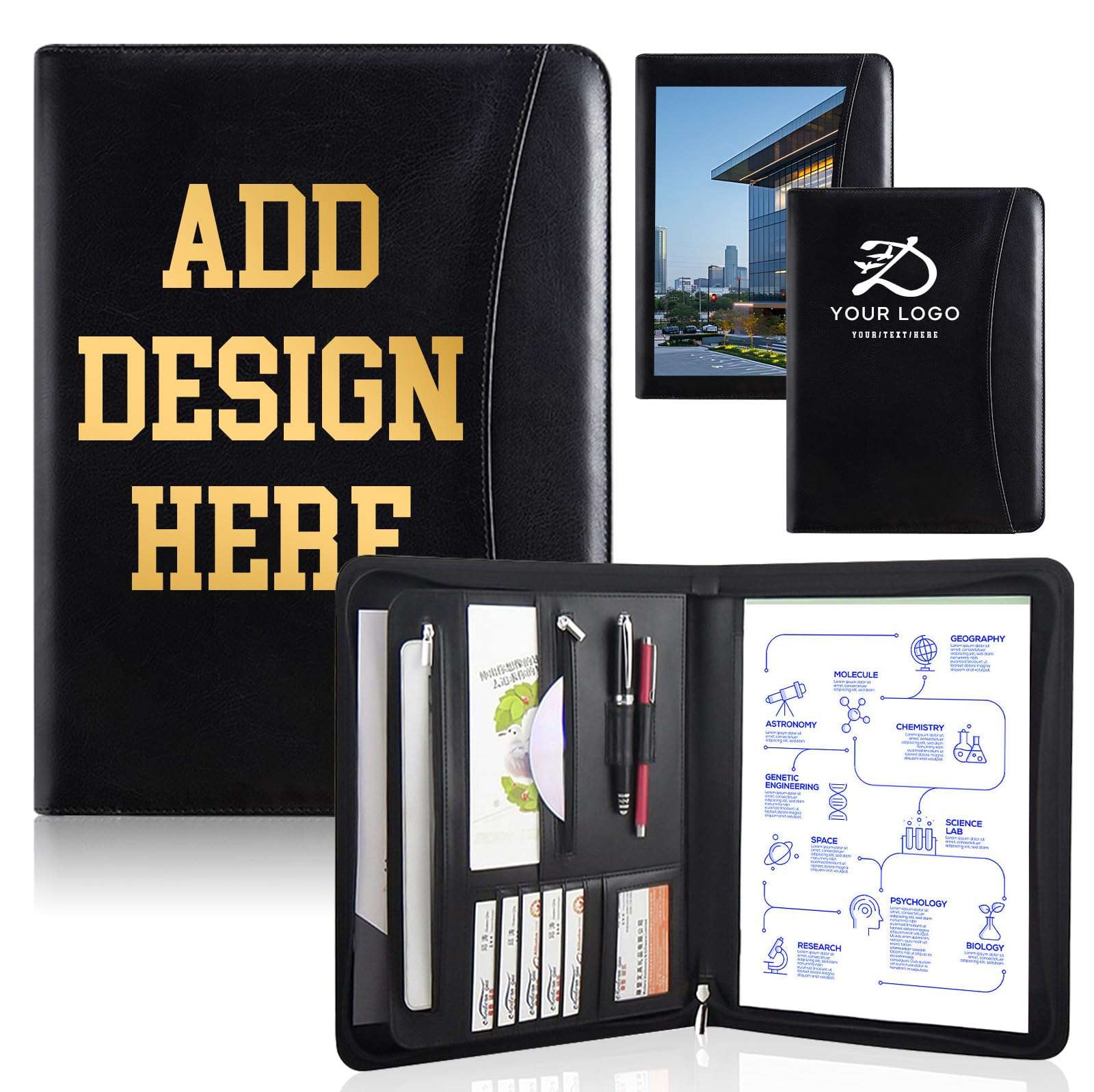 Personalized Leather Portfolio with Zipper - Custom Logo/Text/Photo Binder, A4/Letter Size Document Holder, Business Card Organizer for Women & Men - Customizable Professional Portfolio Folder(Black) - Image 1