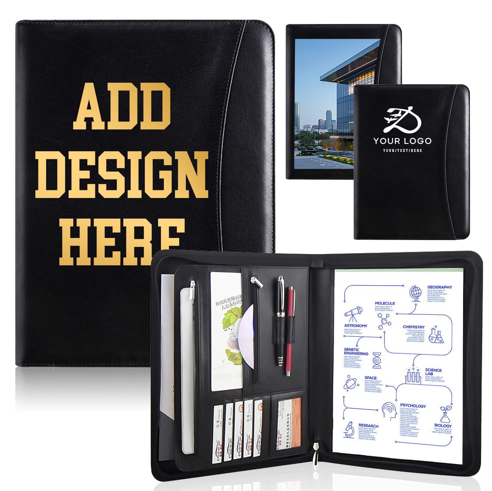 Personalized Leather Portfolio with Zipper - Custom Logo/Text/Photo Binder, A4/Letter Size Document Holder, Business Card Organizer for Women & Men - Customizable Professional Portfolio Folder(Black) - Product Image