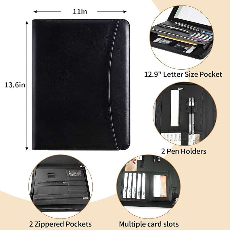 Personalized Leather Portfolio with Zipper - Custom Logo/Text/Photo Binder, A4/Letter Size Document Holder, Business Card Organizer for Women & Men - Customizable Professional Portfolio Folder(Black) - Image 3