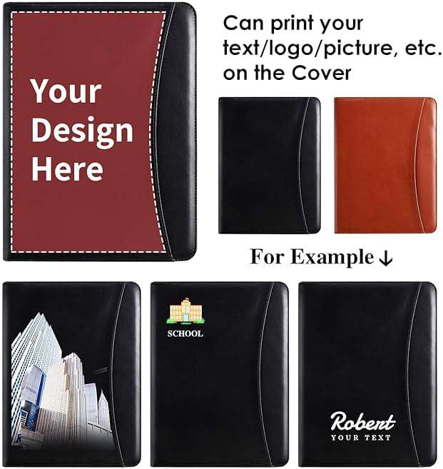 Personalized Leather Portfolio with Zipper - Custom Logo/Text/Photo Binder, A4/Letter Size Document Holder, Business Card Organizer for Women & Men - Customizable Professional Portfolio Folder(Black) - Image 4