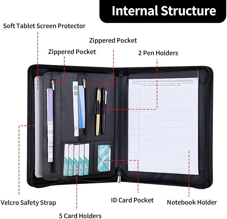Personalized Leather Portfolio with Zipper - Custom Logo/Text/Photo Binder, A4/Letter Size Document Holder, Business Card Organizer for Women & Men - Customizable Professional Portfolio Folder(Black) - Image 5