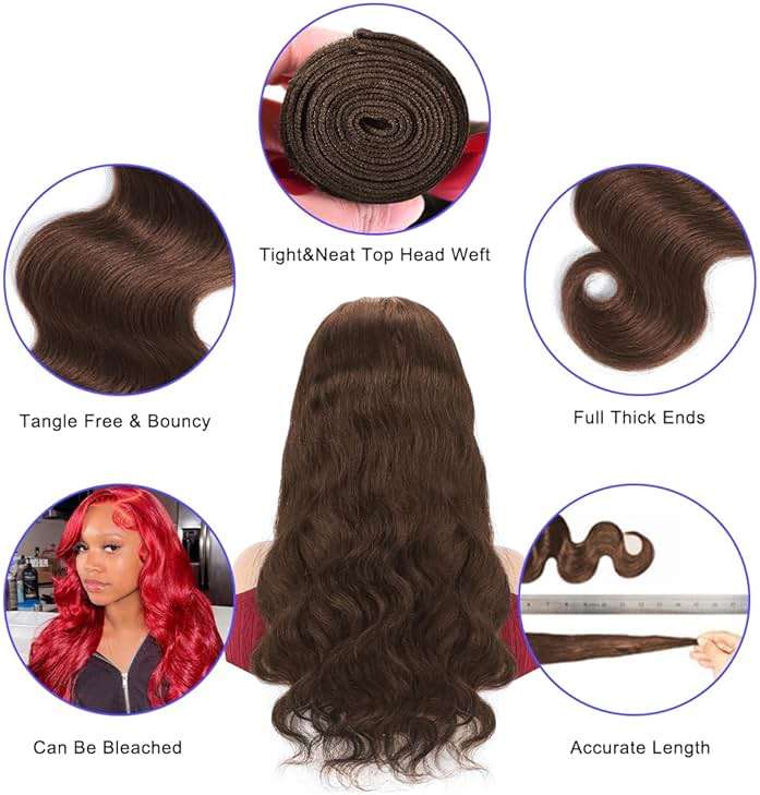 LUXEDIVA Chocolate Brown Human Hair Bundles 12A Body Wave Bundles Human Hair 14 16 18 18 Inch 4 Bundles Unprocessed 100% Indian Chocolate Color 4 Brown Real Hair Extensions - Image 7