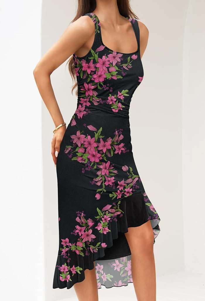 MEROKEETY Women's Summer Floral Bodycon Dress Square Neck Sleeveless Ruffle Hem Cocktail Mesh Midi Dress - Image 3