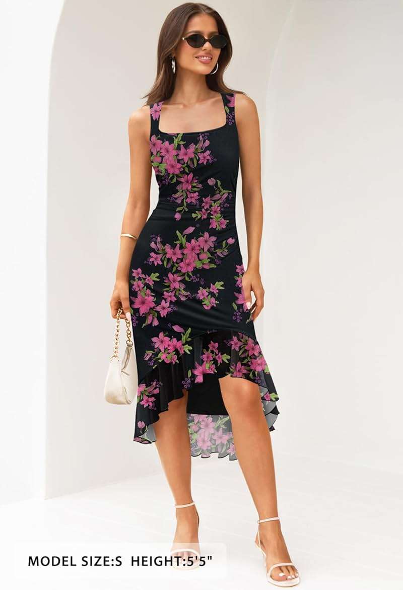 MEROKEETY Women's Summer Floral Bodycon Dress Square Neck Sleeveless Ruffle Hem Cocktail Mesh Midi Dress - Image 4