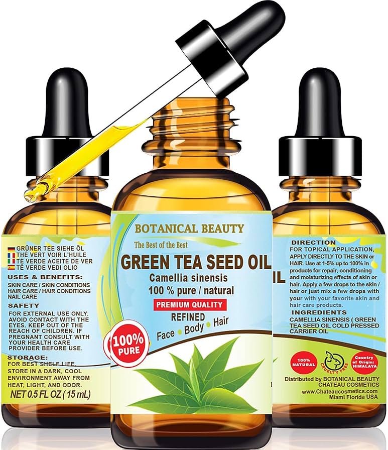 Botanical Beauty GREEN TEA SEED OIL Camellia Sinensis Oil 100% Pure Natural Undiluted Cold Pressed Carrier Oil for Face, Skin, Hair, Nails, Rich in Vitamin C, Vitamin E (0.5 Fl Oz) - Product Image